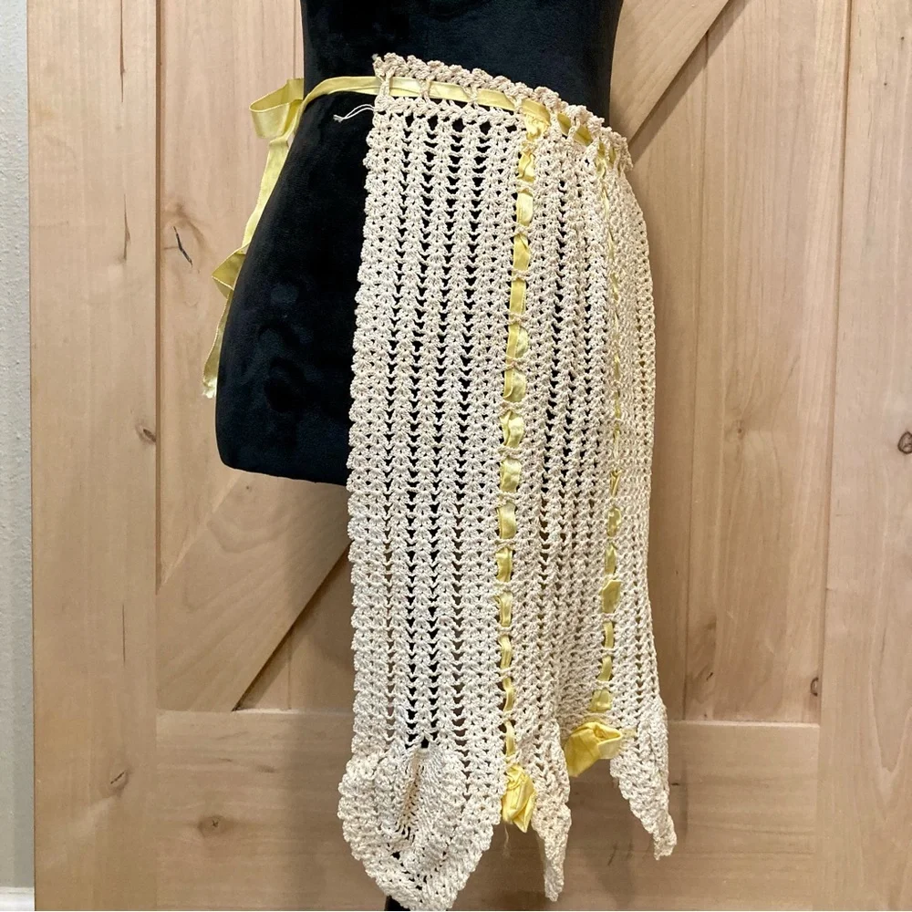 Vintage Hand Made Crocheted Half Apron Cream And Yellow